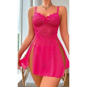 MDB MdbShop Fuşya Dantel İşlemeli Transparan Fantezi Tül Gecelik