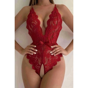 MDB MdbShop Kırmızı Özel Bölgesi Açık Fiyonklu Dantel Fantezi Body