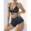 MDB MdbShop Lacivert Dantel İşlemeli Desteksiz Sütyenli Saten Şortlu Takım