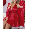 MDB MdbShop Özel Tasarım Boyundan Bağlamalı Göğüs Dekolteli Sabahlıklı 2li Kırmızı Saten Gecelik Takımı