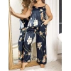 MDB MdbShop Büyük Beden Mavi Üstüne Çiçek Desenli İnce Askılı 2li Saten Pijama Takımı