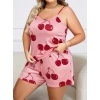 MDB MdbShop Büyük Beden Pembe Kiraz Desen İnce Askılı Pamuklu Şortlu Pijama Takımı