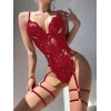 MDB MdbShop Kırmızı Dantel İşlemeli Fantezi Body Jartiyer Takımı