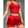 MDB MdbShop Kırmızı Dantelli Büstiyer İnce Askılı Saten Şortlu Takım