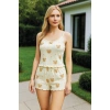 MDB MdbShop Pamuklu Ayıcık Desenli Yıldızlı Krem İnce Askılı Şortlu Pijama Takımı