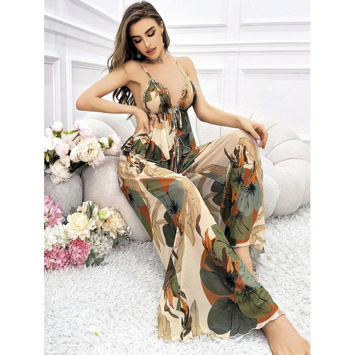 MDB MdbShop Özel Tasarım Çiçek Desenli Salaş Şık Dekolteli 2li Takım