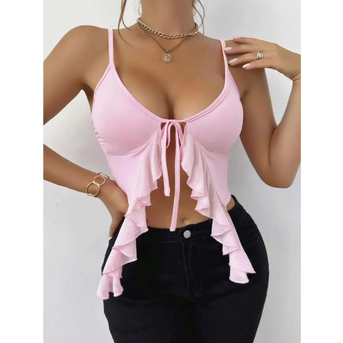 MDB MdbShop Pembe İnce Askılı Önden Bağlamalı Fırfır Detaylı Crop