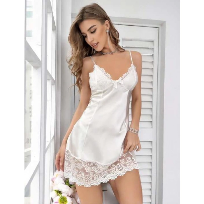 MDB MdbShop Beyaz Dantel İşlemeli İnce Askılı Saten Kısa Fantezi Gecelik