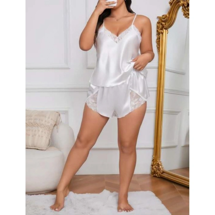 MDB MdbShop Büyük Beden Beyaz Dantel İşlemeli Saten Şortlu Takım