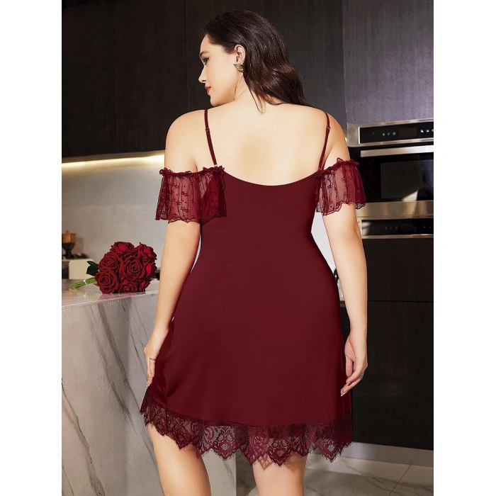 MDB MdbShop Büyük Beden Bordo Dantel İşlemeli İnce Askılı Gecelik