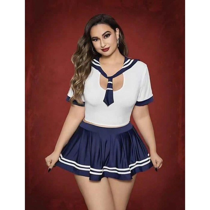 MDB MdbShop Büyük Beden Lacivert Mini Etekli Fantezi Denizci Kostümü