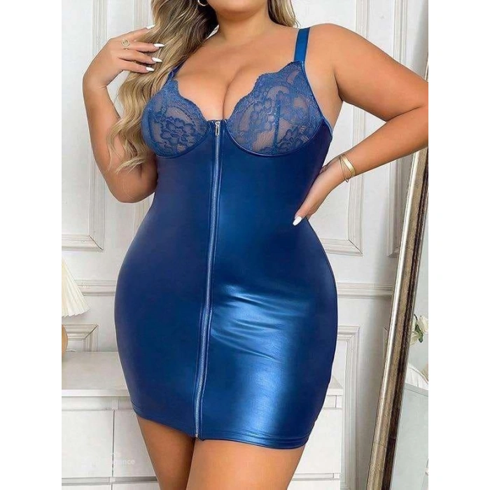 MDB MdbShop Büyük Beden Saks Deri Dantelli Fermuarlı Fantezi Elbise