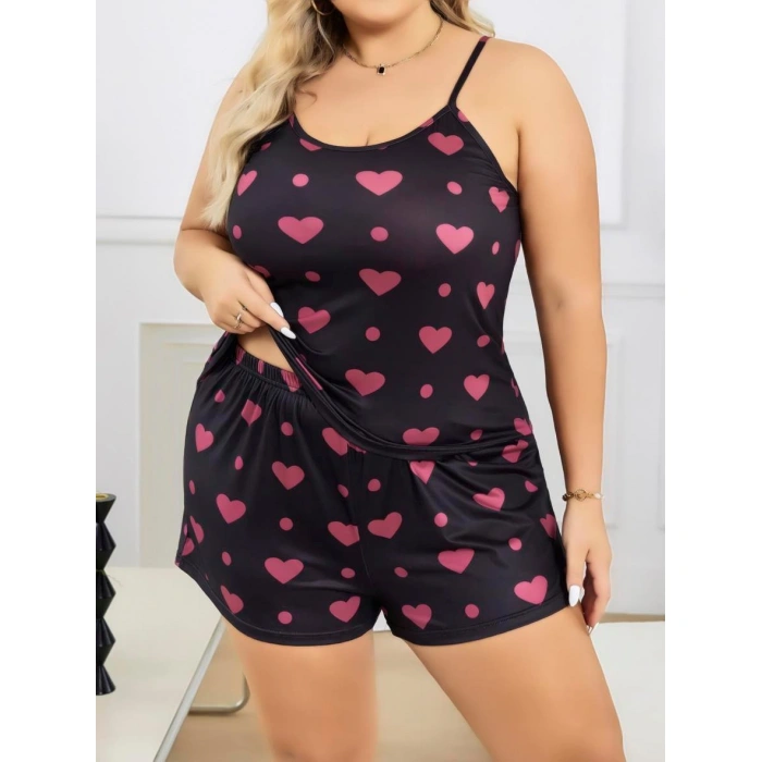 MDB MdbShop Büyük Beden Siyah Kalp Desen İnce Askılı Pamuklu Şortlu Pijama Takımı