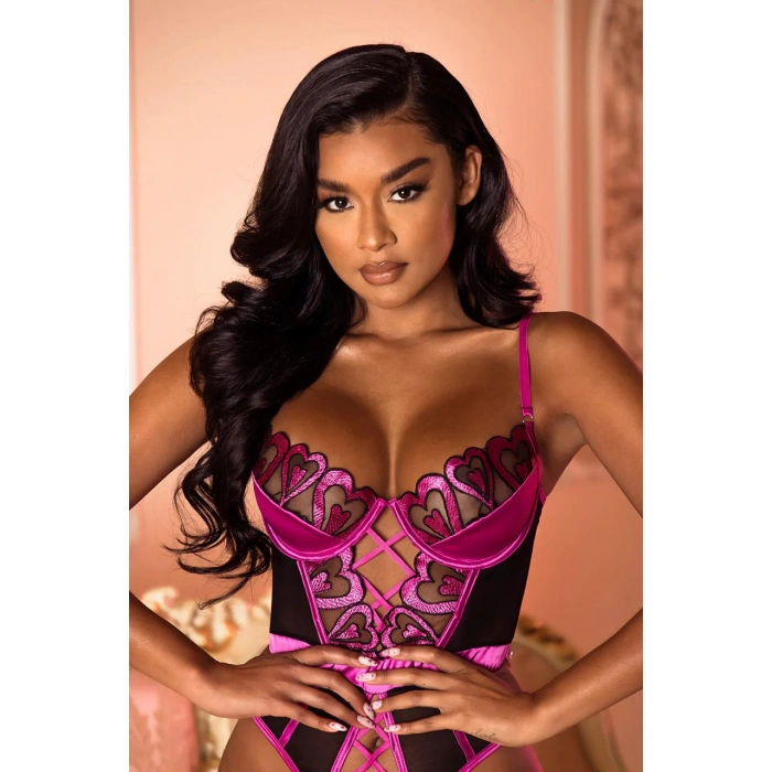 MDB MdbShop Fuşya Dantel İşlemeli Kalp Desenli Fantezi Gecelik Body Takımı