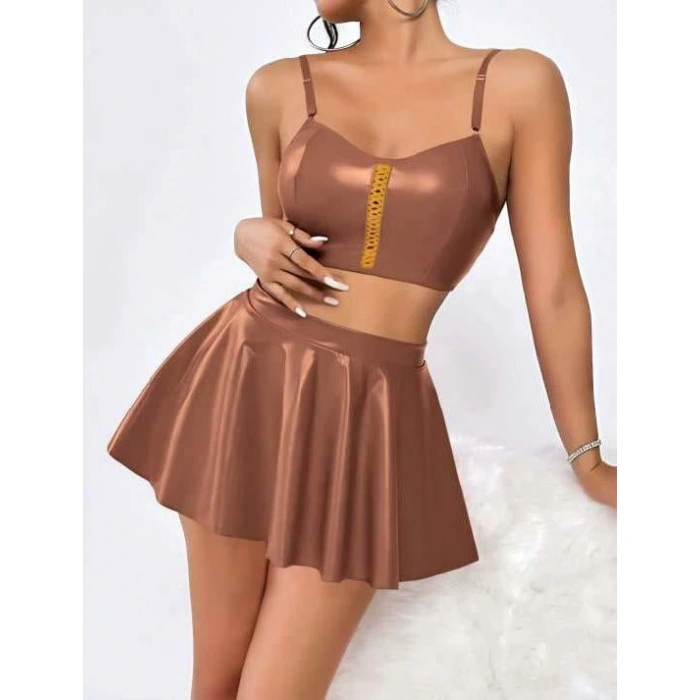 MDB MdbShop Kahverengi Etekli Fantezi Deri Şık Elbise