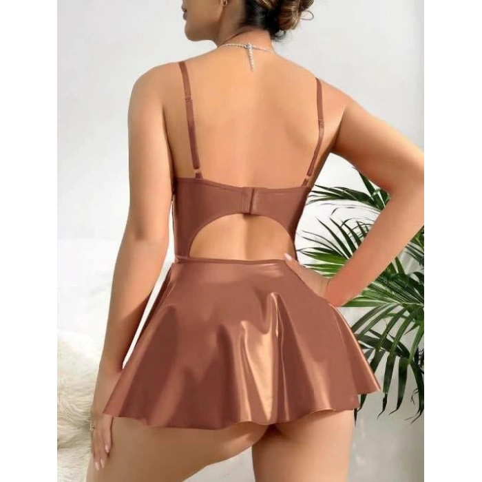 MDB MdbShop Kahverengi Parlak Lame Fantezi Deri Elbise