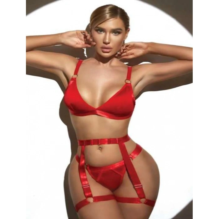 MDB MdbShop Kırmızı Bacak Aksesuarlı Fantezi Jartiyer Takım