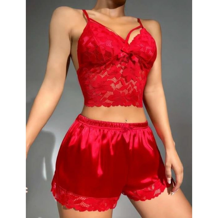 MDB MdbShop Kırmızı Dantelli Büstiyer İnce Askılı Saten Şortlu Takım