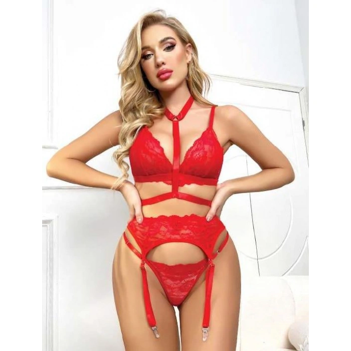 MDB MdbShop Kırmızı Dantelli İp Aksesuarlı Fantezi Jartiyer Takım