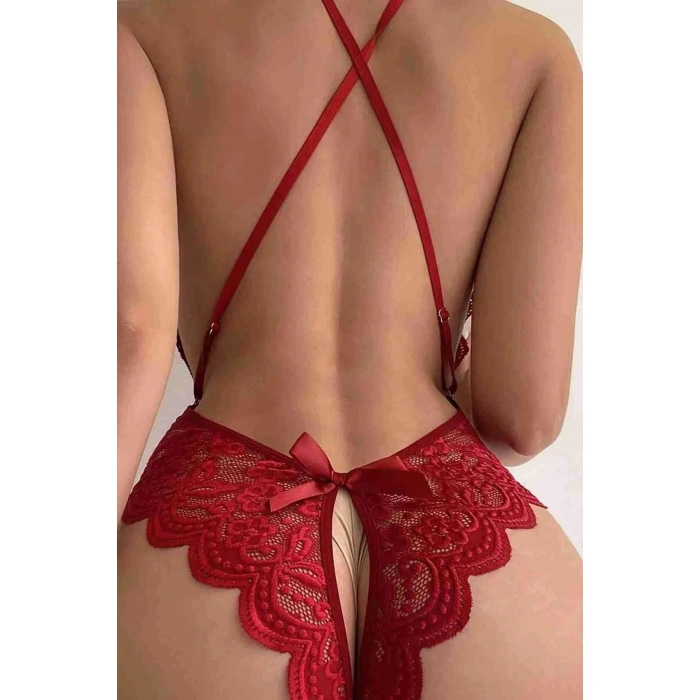 MDB MdbShop Kırmızı Özel Bölgesi Açık Fiyonklu Dantel Fantezi Body