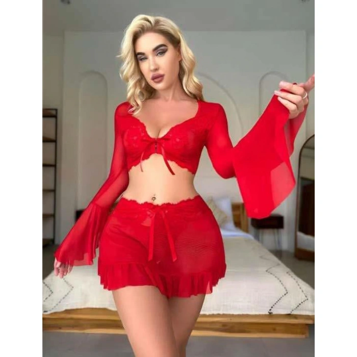 MDB MdbShop Kırmızı Transparan Fantezi Etekli Gecelik Takım