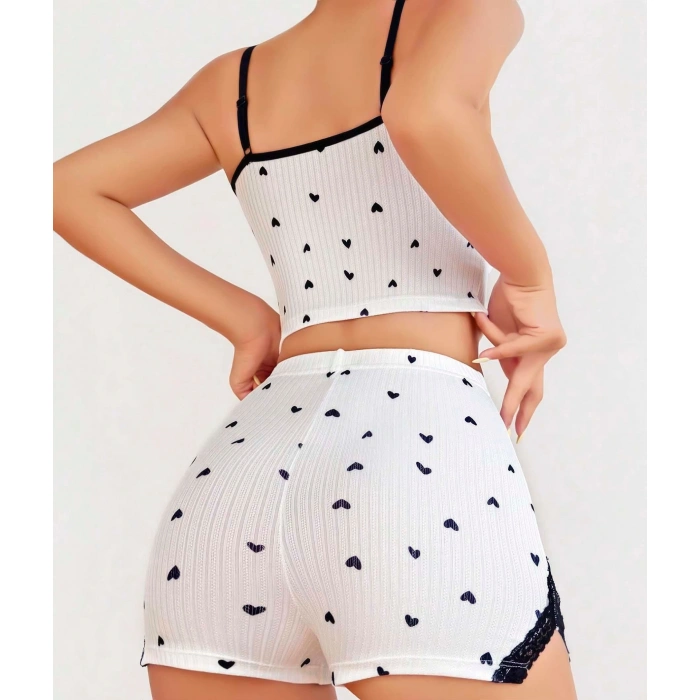 MDB MdbShop Pamuklu Beyaz Üstüne Siyah Kalp Desen Fitilli Askılı Şortlu Pijama Takımı