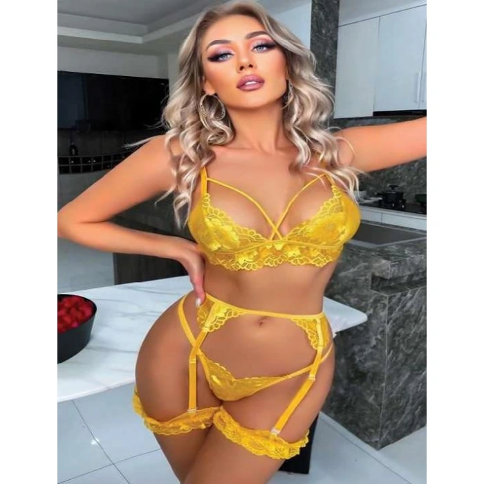 MDB MdbShop Sarı Göğüs İp Detaylı Fantezi Jartiyer Takım