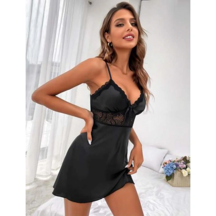 MDB MdbShop Siyah Dantel Detaylı İnce Askılı Saten Kısa Fantezi Gecelik