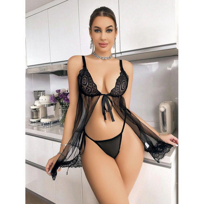 MDB MdbShop Siyah Dantel İşlemeli Önden Bağlamalı Fantezi Şık Tül Gecelik