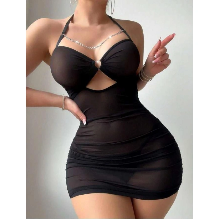 MDB MdbShop Siyah Göğüs Zincirli Tül Fantezi Gecelik