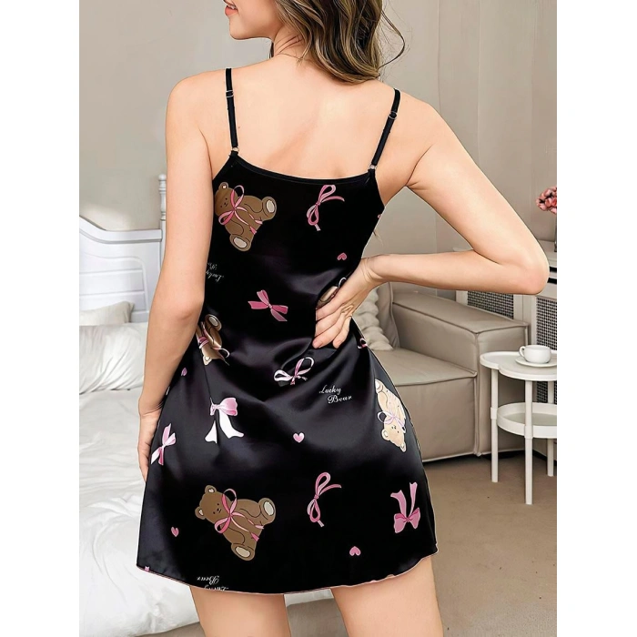 MDB MdbShop Siyah İnce Askılı Ayıcık Desenli Saten Mini Gecelik