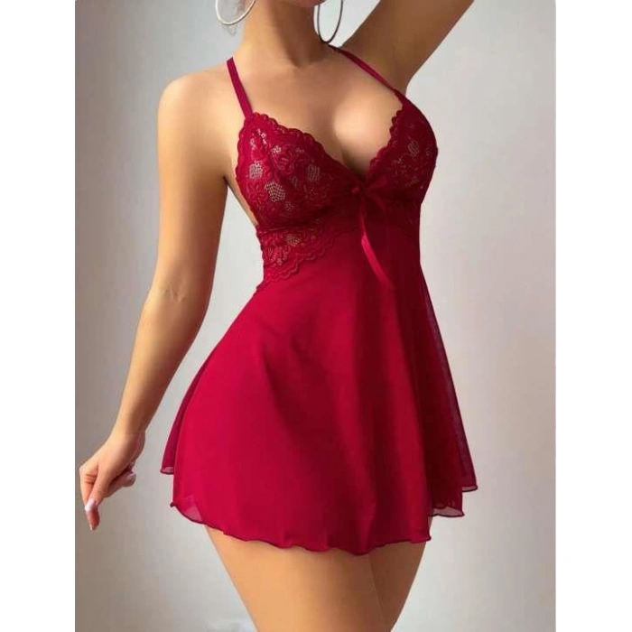 MDB MdbShop Bordo Dantel İşlemeli Boyundan Bağlamalı Likralı Fantezi Tül Gecelik