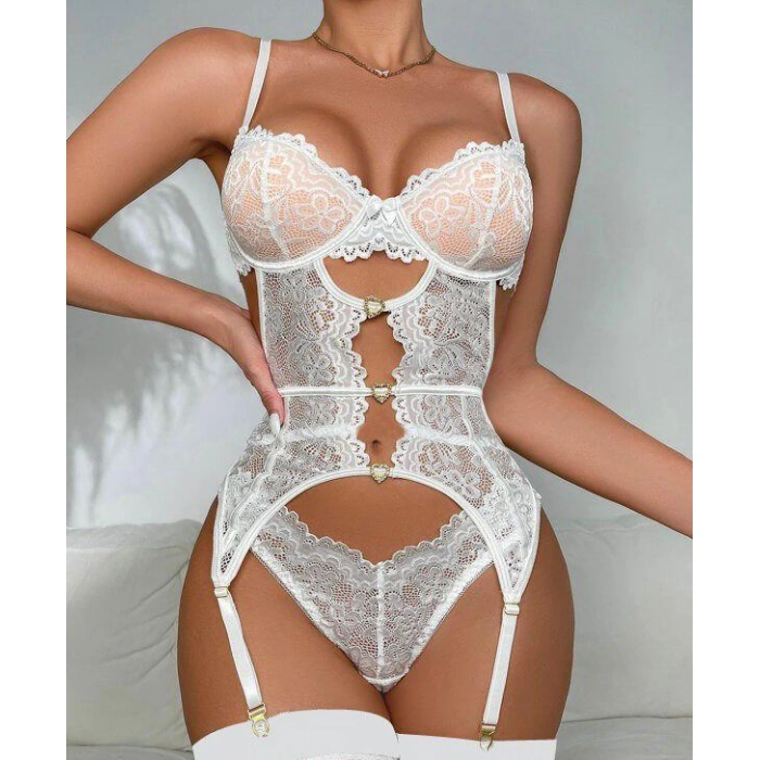 MDB MdbShop Kalp Aksesuarlı Dantelli Fantezi Beyaz Jartiyer Takım