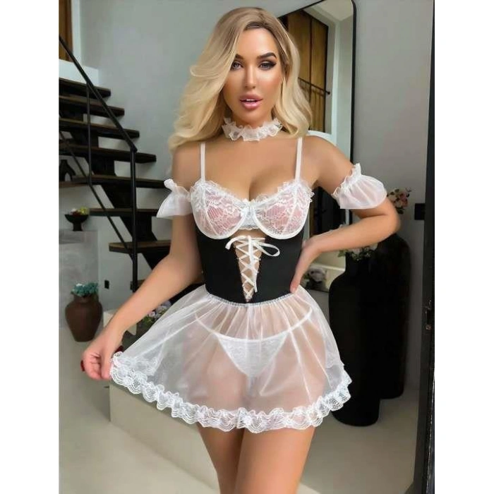 MDB MdbShop Beyaz Dantel İşlemeli Büstiyerli Fantezi Tül Gecelik