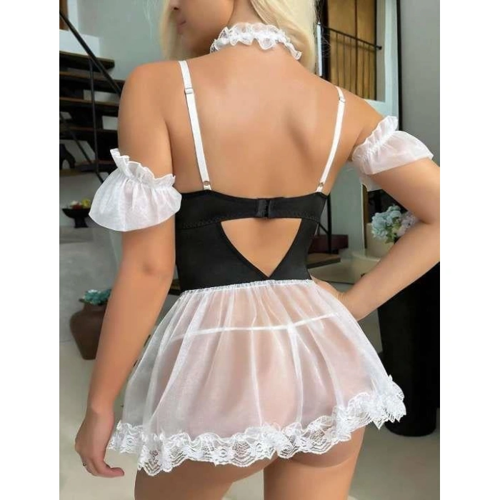 MDB MdbShop Beyaz Dantel İşlemeli Büstiyerli Fantezi Tül Gecelik