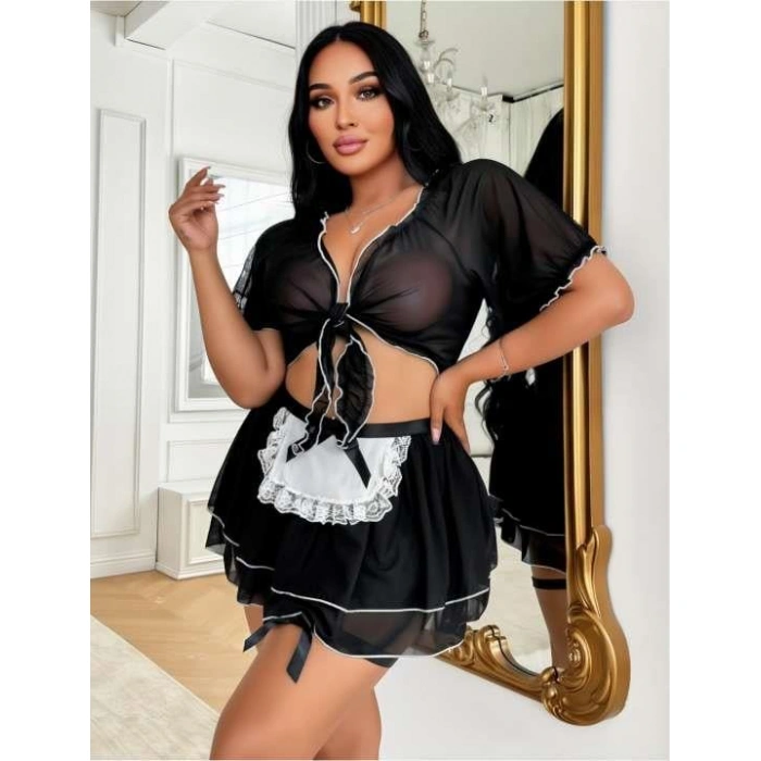 MDB MdbShop Büyük Beden Siyah Bolerolu Fantezi Hizmetçi Kostümü