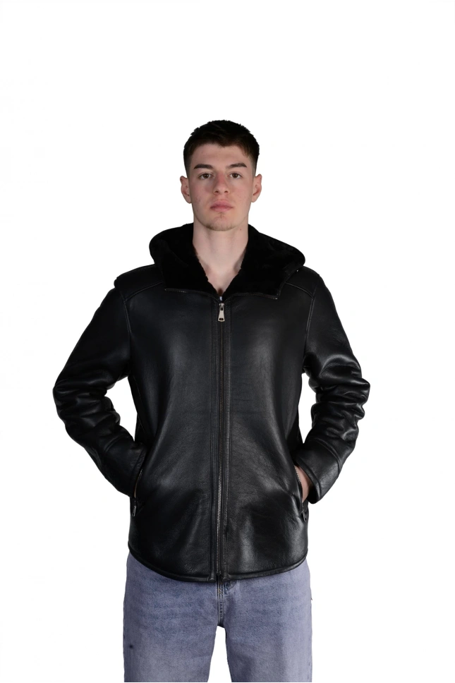Enrico Hakiki Deri Kürk Ceket Erkek Kapşonlu