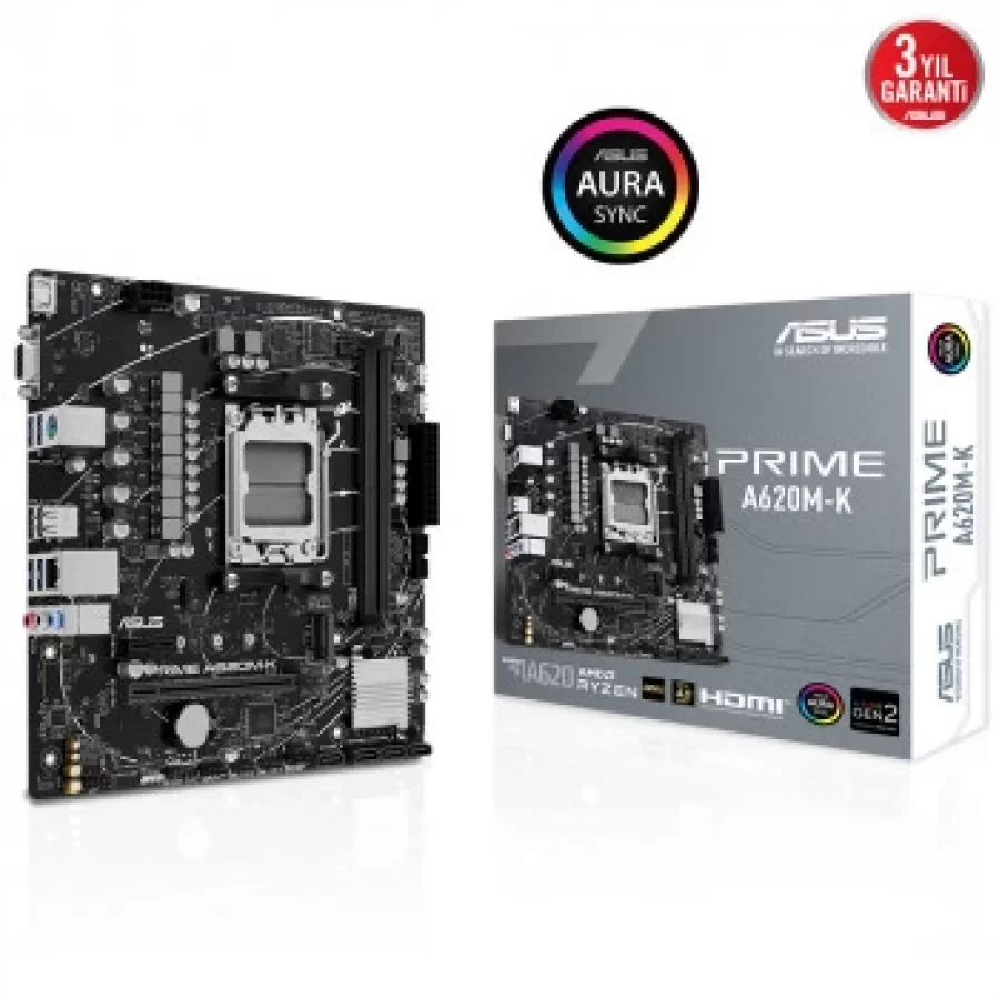 ASUS PRIME A620M-K AMD A620 AM5 DDR5 6400 HDMI VGA M2 USB3.2 AURA RGB mATX Anakart