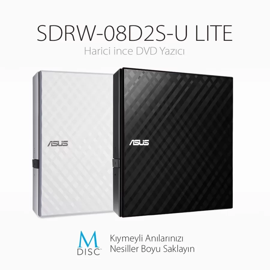 Asus SDRW-08D2S-U LITE 8X Harici DVD Yazıcı M-Disc Destekli Beyaz