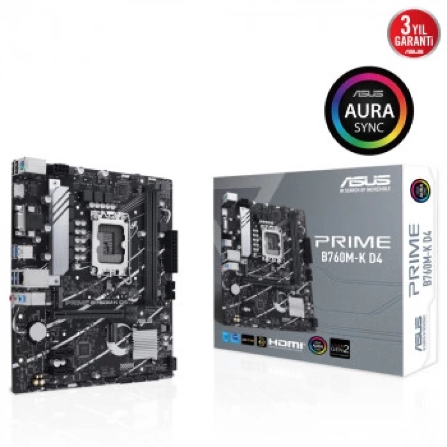 ASUS PRIME B760M-K D4 Intel B760 LGA1700 DDR4 5333 AURA RGB mATX Anakart