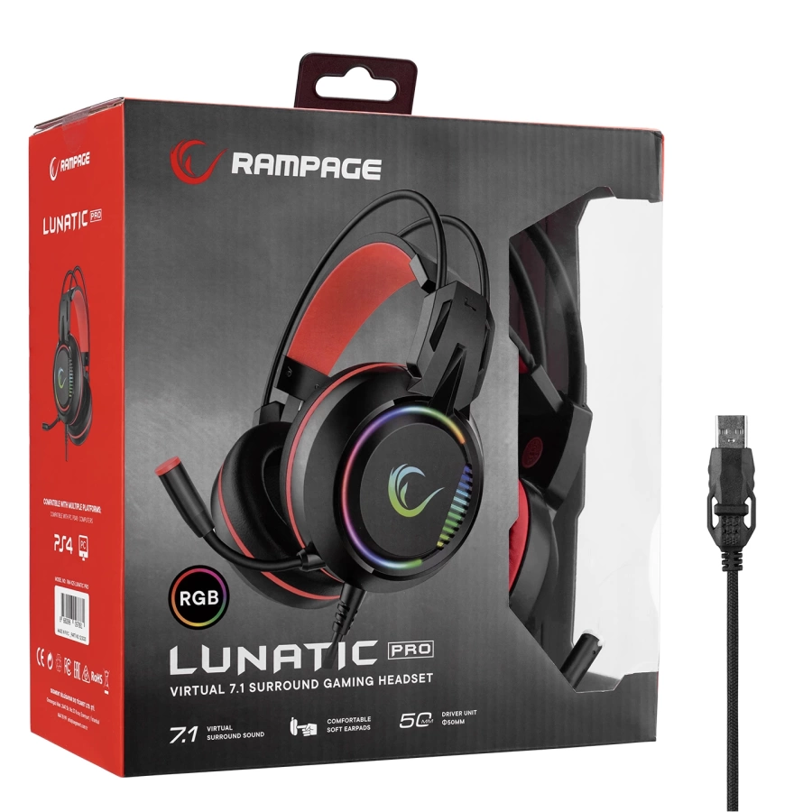 Rampage RM-K25 LUNATIC PRO Siyah/kırmızı USB 7.1 Surround RGB Işık Efektli Gaming Oyuncu Mikrofonlu