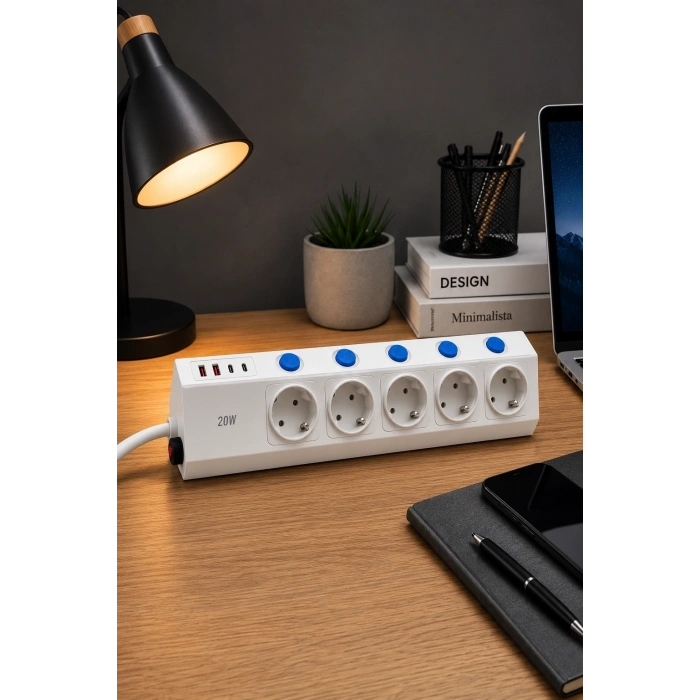 5’li Akım Korumalı Çoklu Priz 2 Metre Kablolu 3680w 16a 5 Anahtarlı 2usb-a 2 Usb-c Pd 20w Hızlı Ftr-28