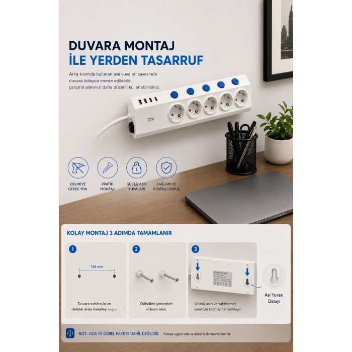 5’li Akım Korumalı Çoklu Priz 2 Metre Kablolu 3680w 16a 5 Anahtarlı 2usb-a 2 Usb-c Pd 20w Hızlı Ftr-28