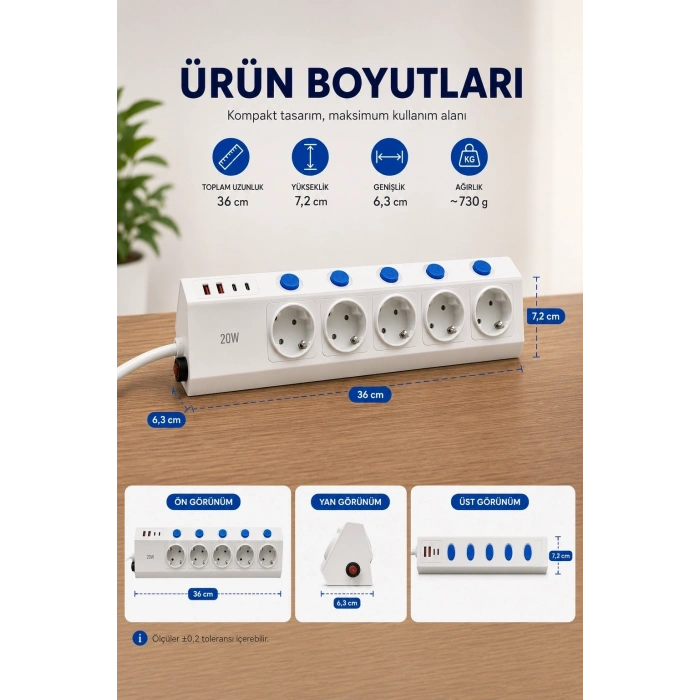 5’li Akım Korumalı Çoklu Priz 2 Metre Kablolu 3680w 16a 5 Anahtarlı 2usb-a 2 Usb-c Pd 20w Hızlı Ftr-28