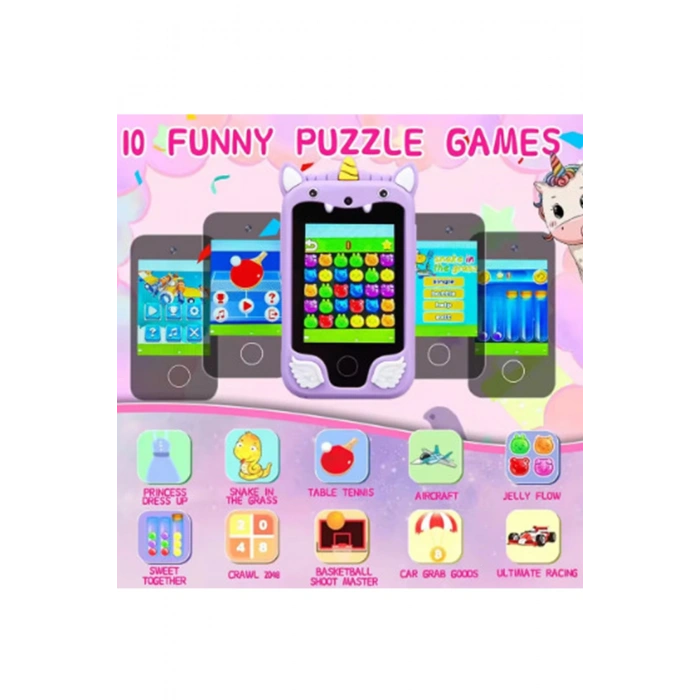 Çocuklar İçin Eğitici Telefon Dokunmatik Ekran Çift Kameralı Fenerli Müzik Çalar Oyun Video Mor