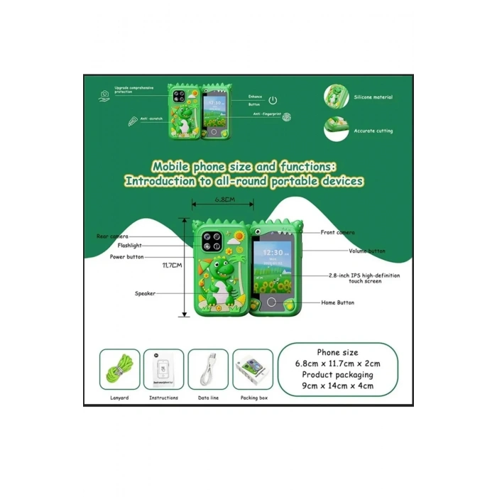 Çocuklar İçin Eğitici Telefon Dokunmatik Ekran Çift Kameralı Fenerli Müzik Çalar Oyun Video Mor