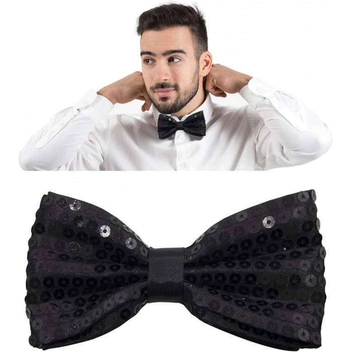 Gece Işıltısı Siyah Payetli Pullu Papyon 7x2 Cm