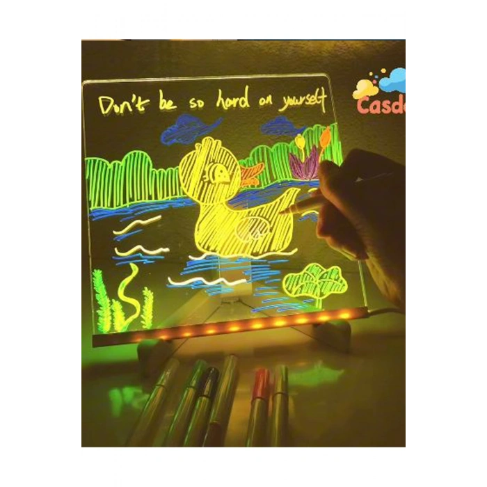 Neon Işıklı 7 Renk Işık Boyama Kalemli Led Resim Panosu Boyama Tahtası Kalemleri 20 X 20