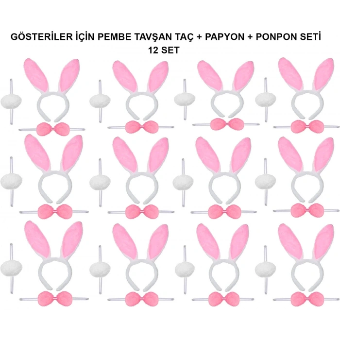 Pembe Tavşan Kostüm Seti – Taç, Papyon, Ponpon (12’li Paket)