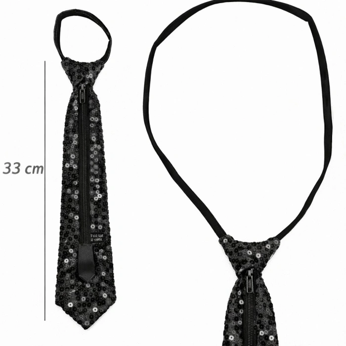 Siyah Renk Pul Payetli Işıltılı Parti Kravatı 33 Cm